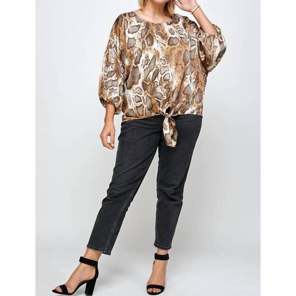 NEW SEE AND BE SEEN tie front blouse plus in brown animal print - Picture 1 of 3